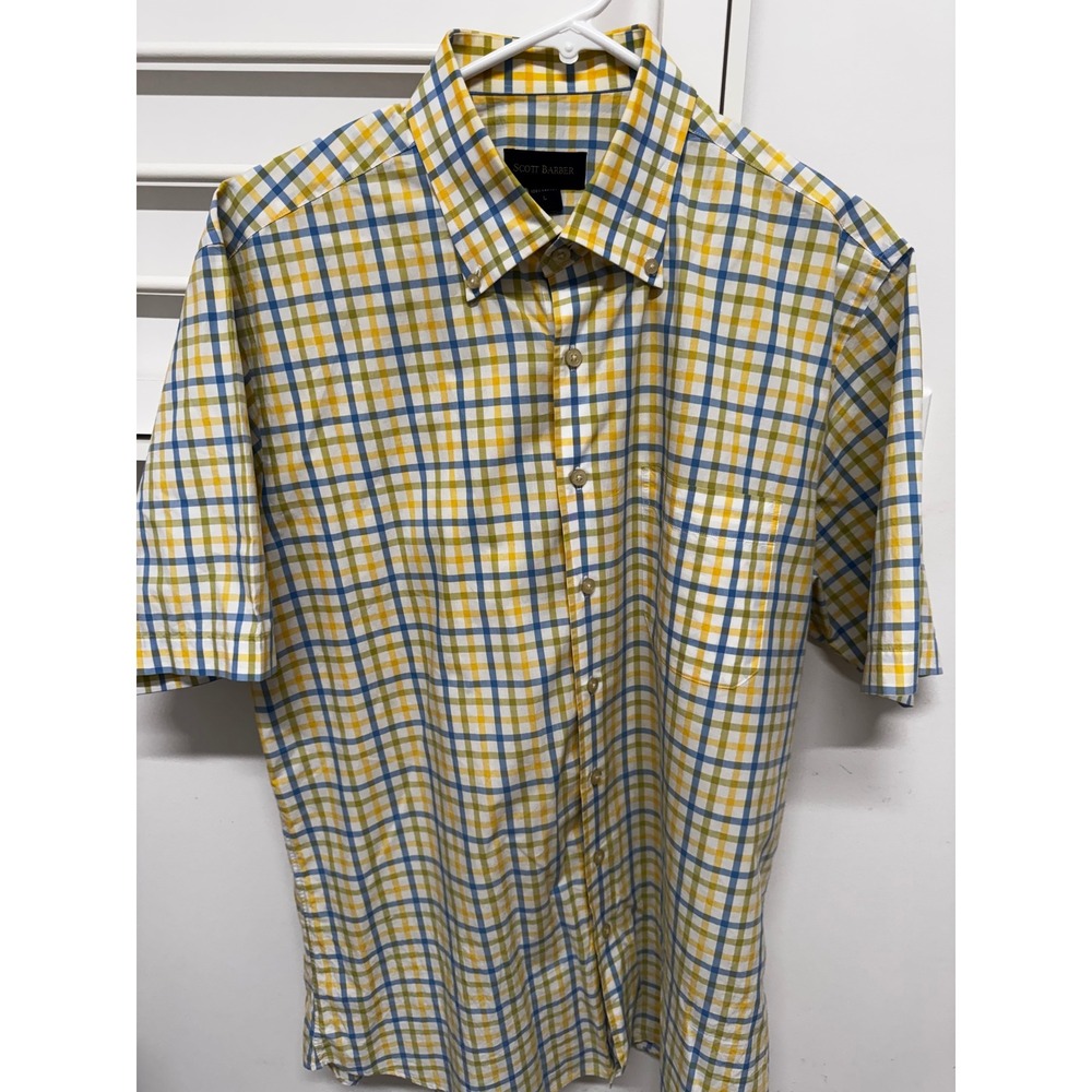 Scott Barber Mens Large Yellow Blue Green Plaid Short Sleeve Cotton Button Down